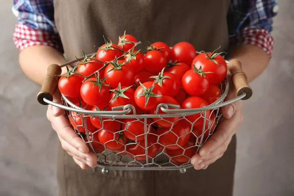 Olgun Kiraz domates ile metal sepet tutan kadın 