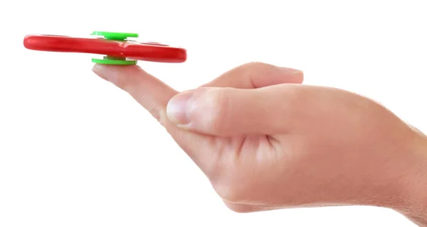 Man holding modern spinner on white background — Stock Photo, Image