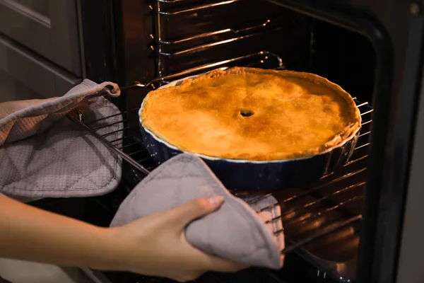 Руки берут мясной пирог из духовки — стоковое фото