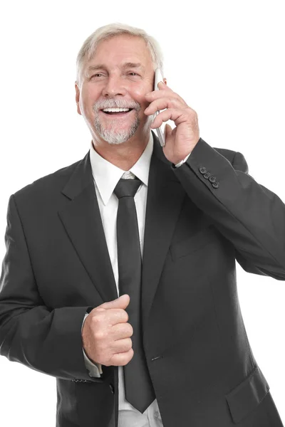 Elderly man talking by mobile phone on white background — Stock Photo, Image