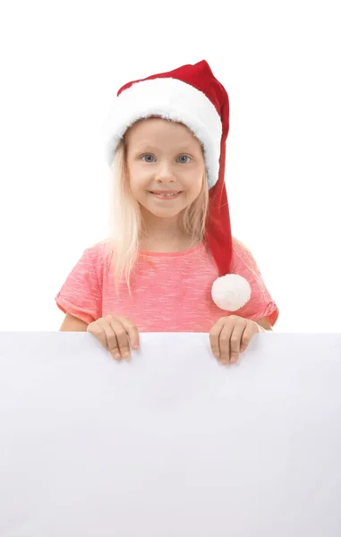 Schattig meisje met lege poster op witte achtergrond. Kerst concept — Stockfoto