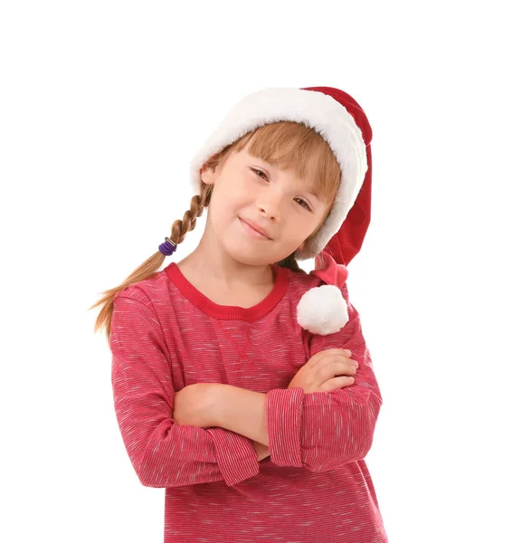 Carino Bambina Babbo Natale Cappello Sfondo Bianco — Foto Stock
