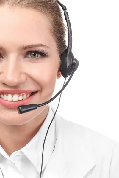 Jovem recepcionista usando fone de ouvido — Fotografia de Stock