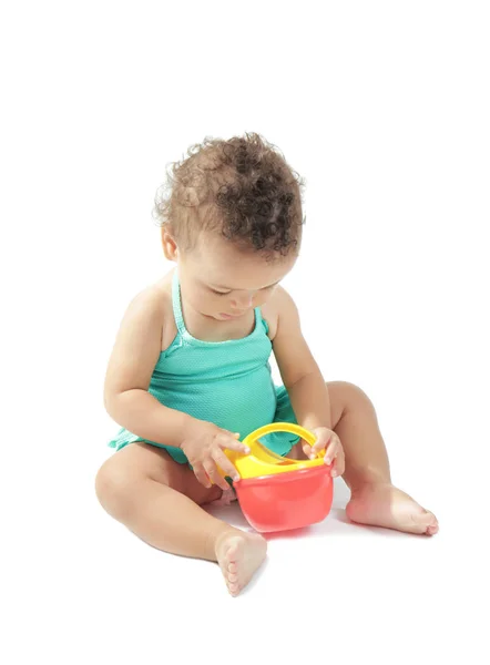 Cute little baby in swimsuit, isolated on white — Stock Photo, Image