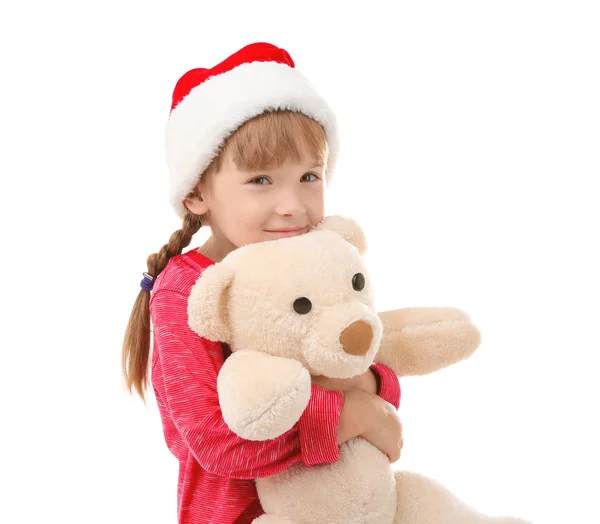 Cute Little Girl Santa Hat Toy White Background Stock Photo