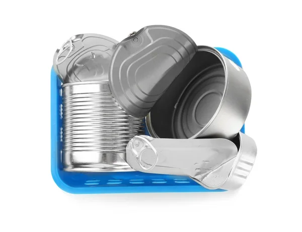 Plastic mand met lege tin containers — Stockfoto