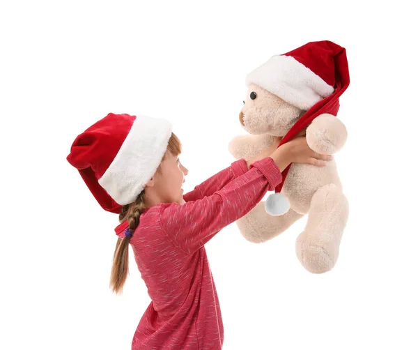 Carino Bambina Cappello Babbo Natale Con Giocattolo Sfondo Bianco — Foto Stock