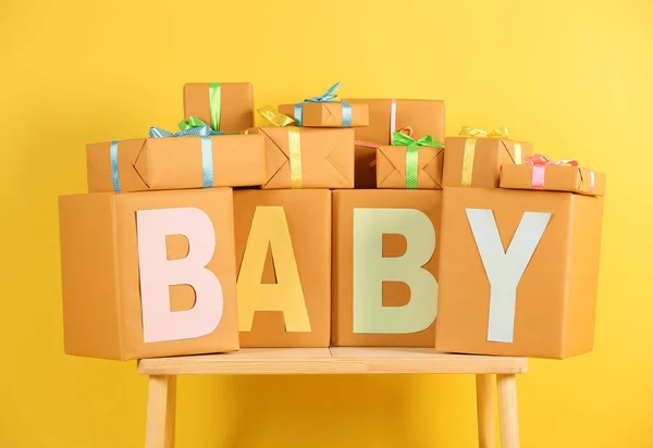 Composition with gift boxes for baby shower party — Stock Photo, Image