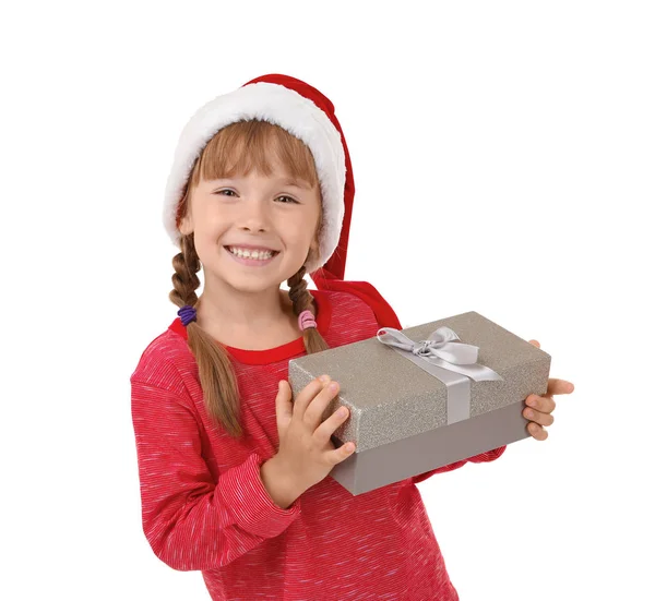 Menina Bonito Com Presente Natal Fundo Branco — Fotografia de Stock