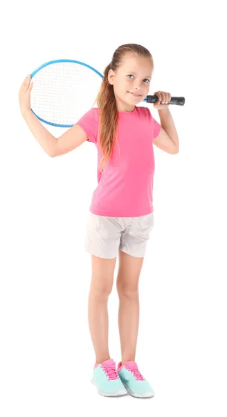 Petite Fille Mignonne Avec Raquette Tennis Sur Fond Blanc — Photo