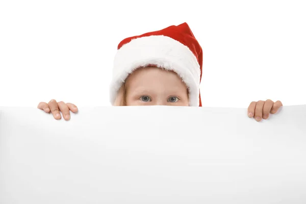 Menina bonito com cartaz em branco no fundo branco. Conceito de Natal — Fotografia de Stock