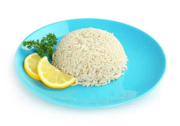 Placa com bola de arroz cozido no fundo branco — Fotografia de Stock