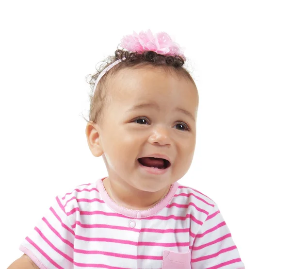 Bebé bonito em roupas listradas, isolado em branco — Fotografia de Stock