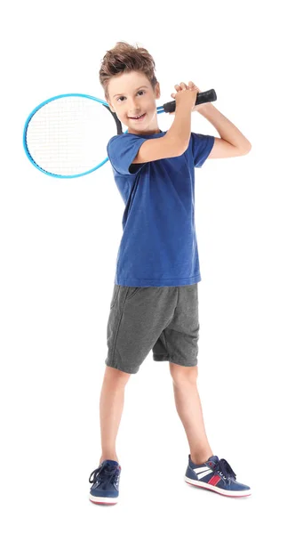 Menino bonito com raquete de tênis — Fotografia de Stock