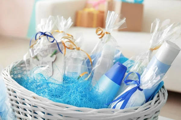 basket with baby shower gifts