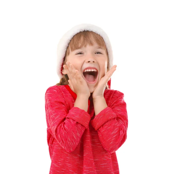 Carino Bambina Babbo Natale Cappello Sfondo Bianco — Foto Stock