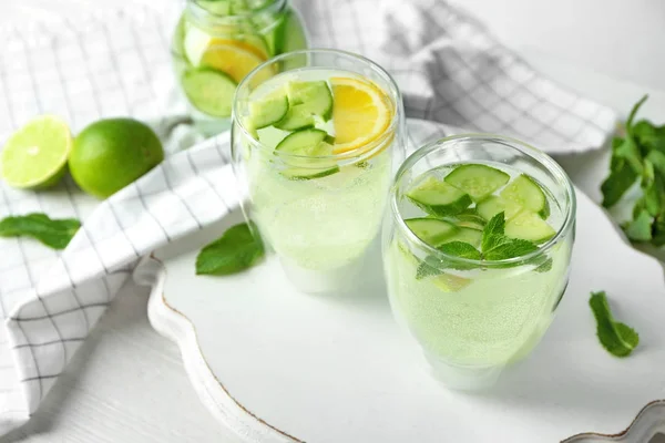 Delicious refreshing water with cucumber — Stock Photo, Image