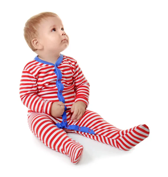 Cute little baby in striped romper suit, isolated on white — Stock Photo, Image