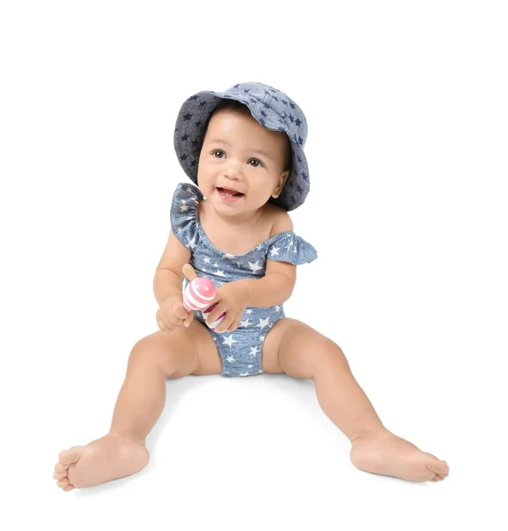 Cute little baby in swimsuit and hat, isolated on white — Stock Photo, Image