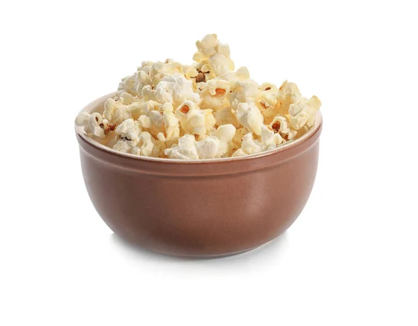 Schüssel mit Popcorn auf weißem Hintergrund — Stockfoto