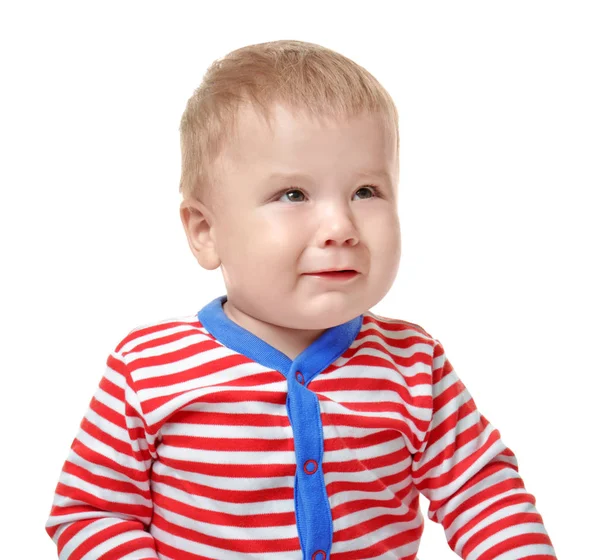 Cute little baby in striped romper suit, isolated on white — Stock Photo, Image