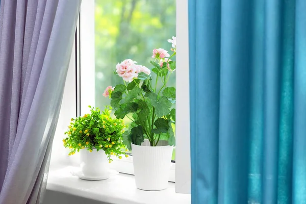 Prachtig uitzicht van kamerplanten op de vensterbank en gordijnen — Stockfoto