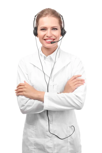 Jonge receptioniste dragen hoofdtelefoon — Stockfoto