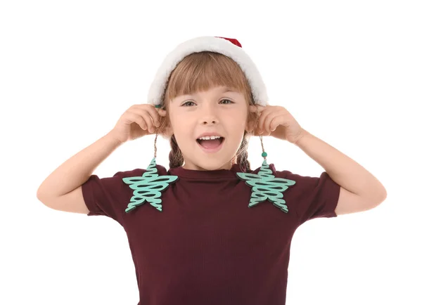 Cute Little Girl Christmas Decor White Background — Stock Photo, Image