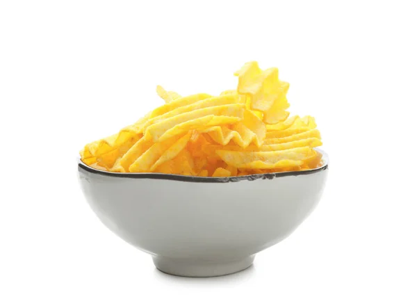 Bowl with potato chips on white background — Stock Photo, Image