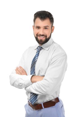 Beyaz arka plan üzerinde yakışıklı başarılı iş adamı