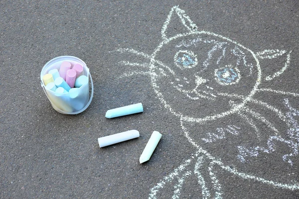 Krita ritning av katt på asfalt — Stockfoto