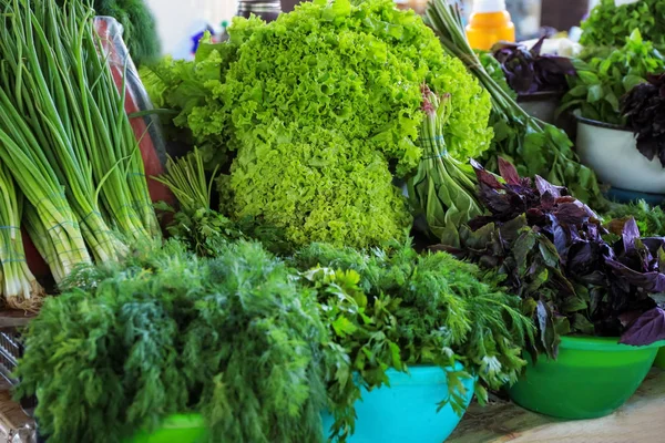 Different fresh herbs at market — Stock Photo, Image