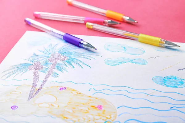 Child's drawing of island with palm trees on color background, closeup — Stock Photo, Image