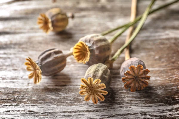 Poppy heads on wooden table, closeup — Stock Photo, Image