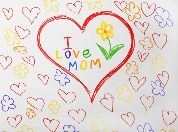 Dessin d'enfant avec des mots "J'aime maman" à l'intérieur du cœur — Photo