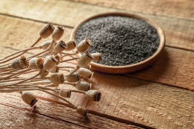 Haşhaş başkanları ve tohumlar üzerinde ahşap masa ile plaka
