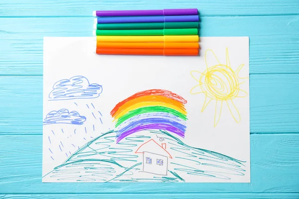 Child's drawing of house and rainbow — Stock Photo, Image