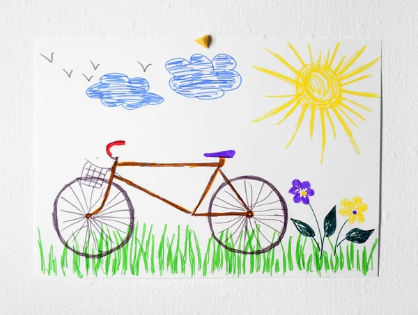 Barnets ritning av cykel på vit bakgrund — Stockfoto