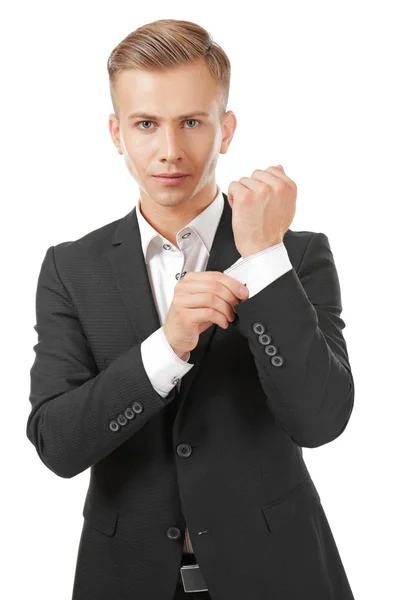 Handsome man in elegant suit on white background — Stock Photo, Image