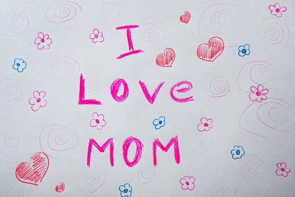 Desenho da criança com palavras "Eu amo a mãe " — Fotografia de Stock
