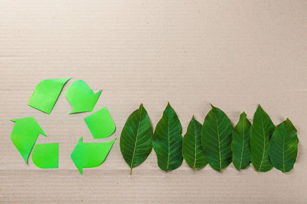 Símbolo de reciclagem e folhas verdes sobre fundo de papelão — Fotografia de Stock