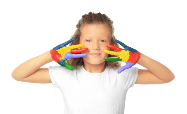 Little cute girl showing painted hands on white background — Stock Photo, Image