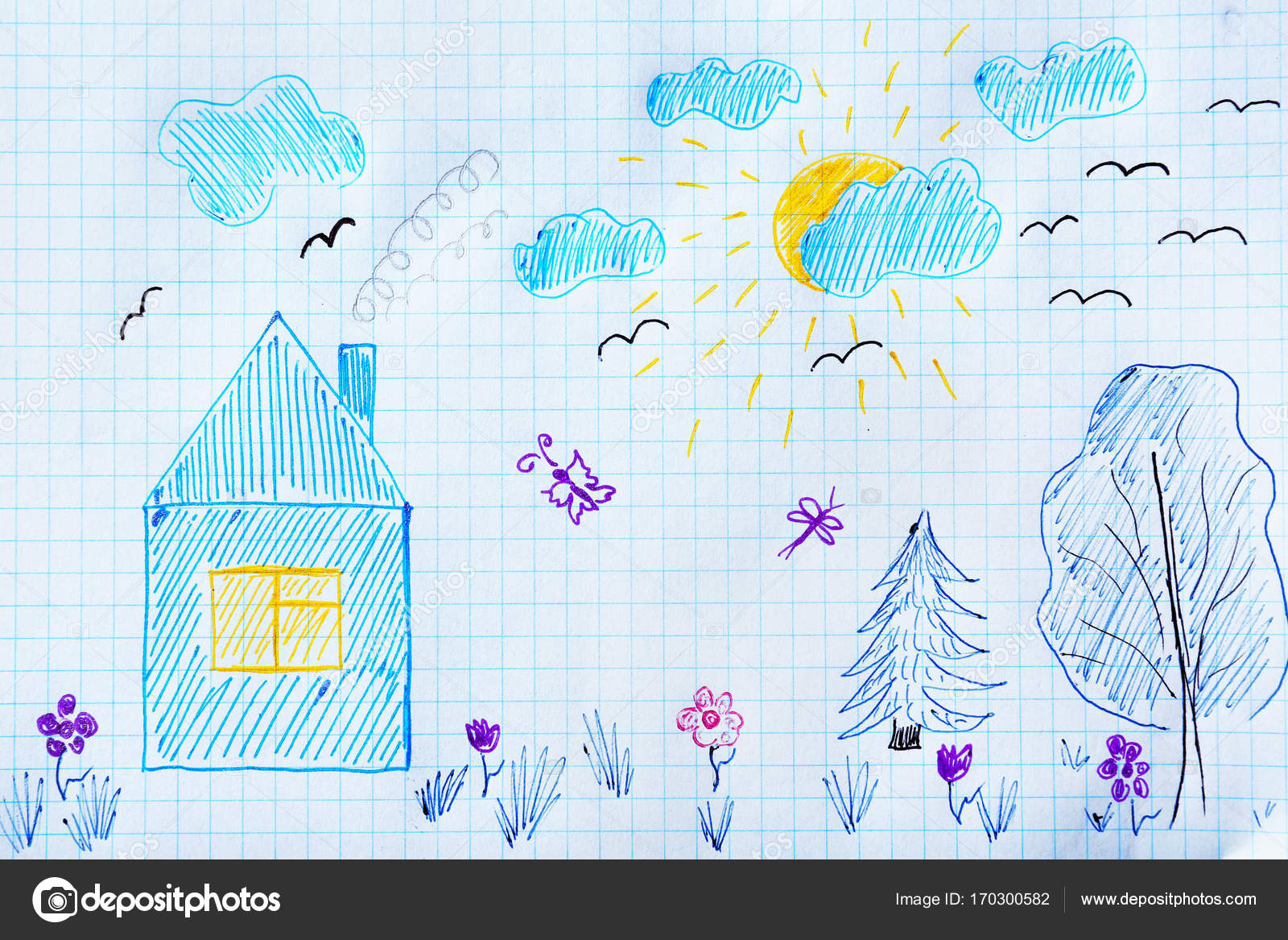Rysunek Dziecka Przytulny Dom I Las Zdjęcie Stockowe