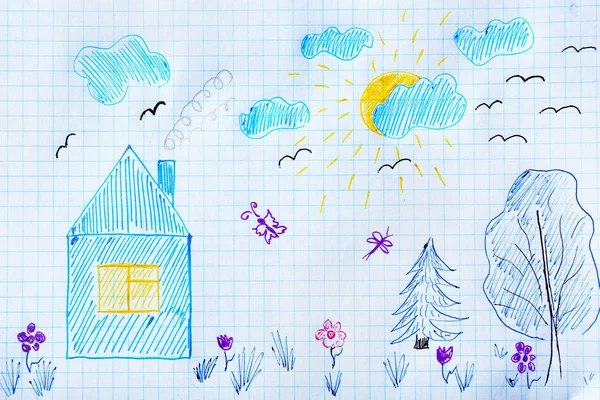 Dessin d'enfant de la maison confortable et la forêt — Photo