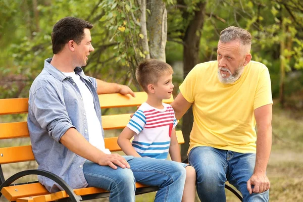 Милый мальчик с папой и дедушкой сидит на скамейке в парке — стоковое фото