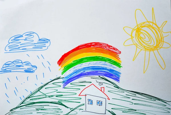 Zeichnung von Haus und Regenbogen — Stockfoto