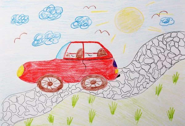 Kırmızı araba çiziminin çocuğun — Stok fotoğraf