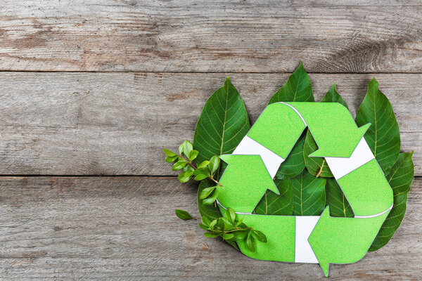 Composition with symbol of recycling and leaves on wooden background