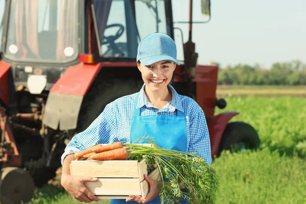 Agricultora sosteniendo caja de madera con zanahorias en el campo —  Fotos de Stock