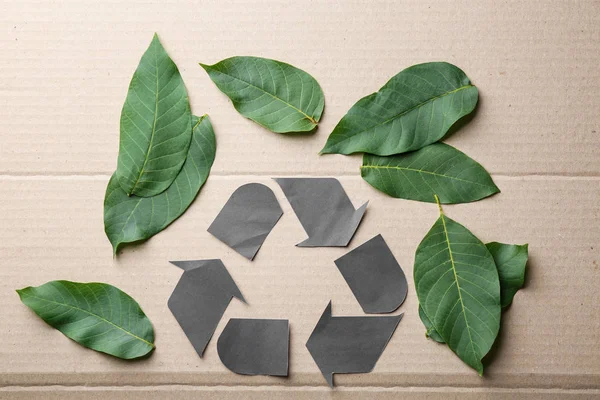 Simbolo di riciclaggio e foglie su sfondo di cartone — Foto Stock